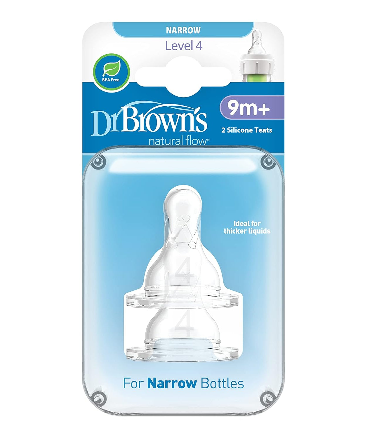 Dr Brown's Natural Flow Level 4 Silicone Nipple for Narrow bottles | Pack of 2 Teats