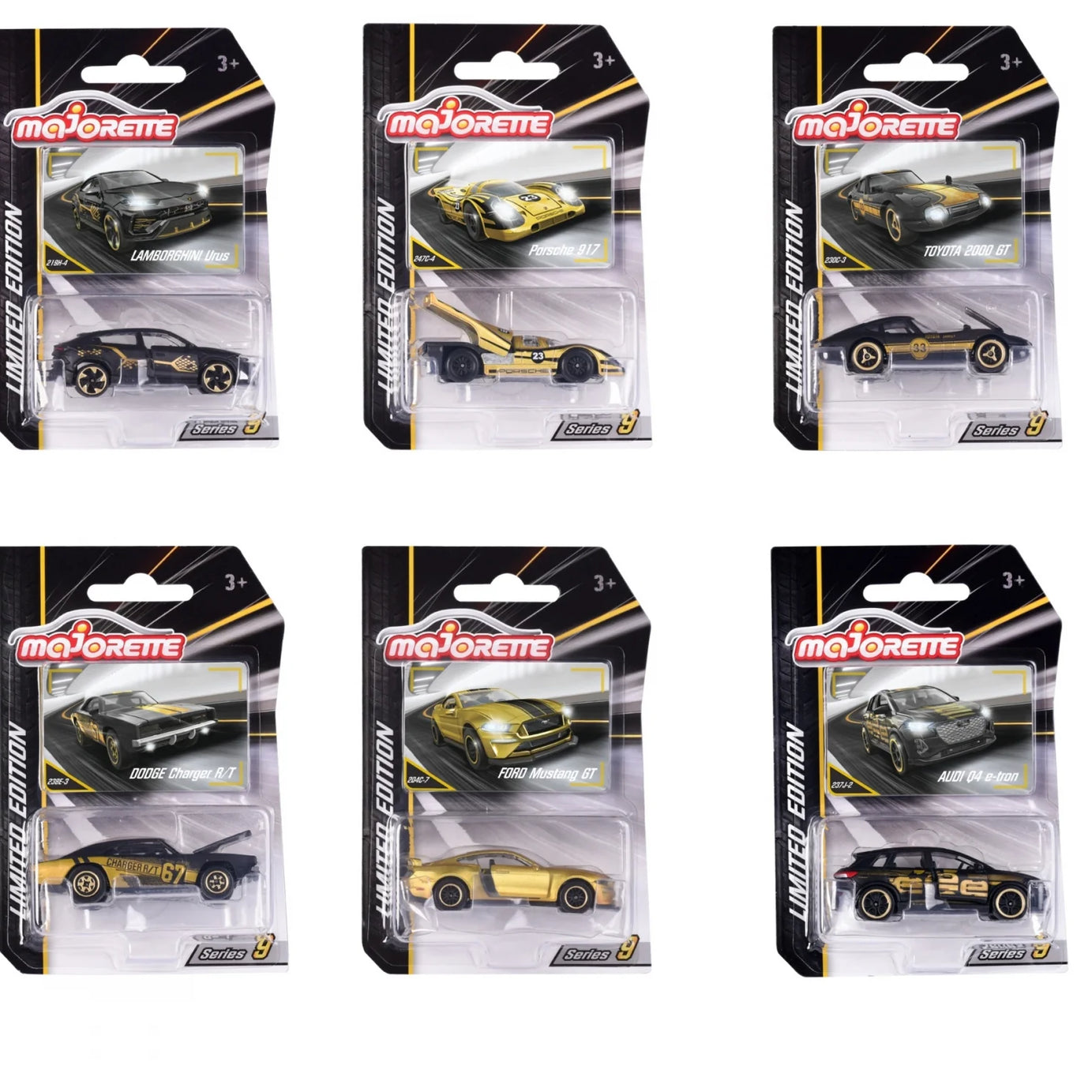 Majorette Limited Edition 9 Die-Cast Cars | 1:64 Scale Black & Gold Collector Series | Includes Audi Q4 e-tron, Porsche 917, Dodge Charger R/T & More | Pack of 1 | For Ages 3+