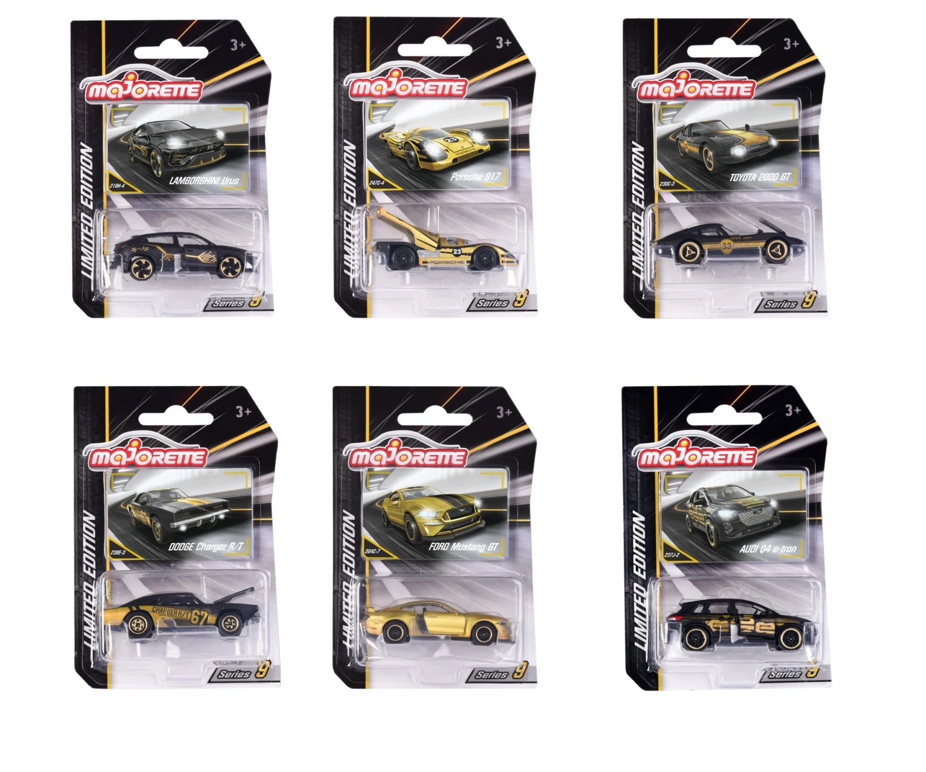 Majorette Limited Edition 9 Die-Cast Cars | 1:64 Scale Black & Gold Collector Series | Includes Audi Q4 e-tron, Porsche 917, Dodge Charger R/T & More | Pack of 1 | For Ages 3+