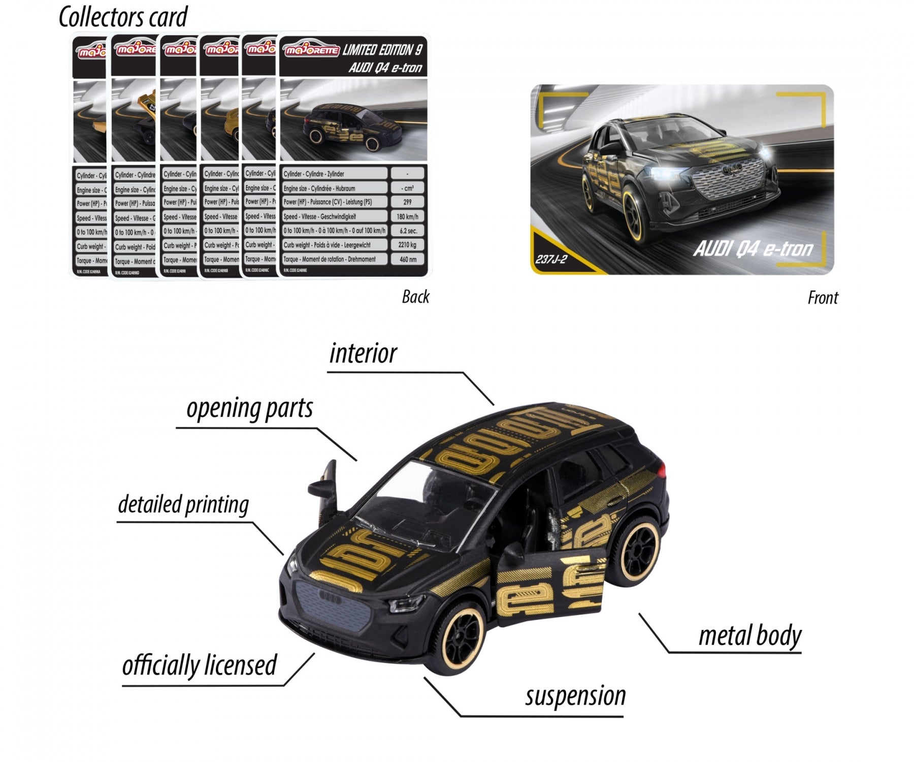 Majorette Limited Edition 9 Die-Cast Cars | 1:64 Scale Black & Gold Collector Series | Includes Audi Q4 e-tron, Porsche 917, Dodge Charger R/T & More | Pack of 1 | For Ages 3+