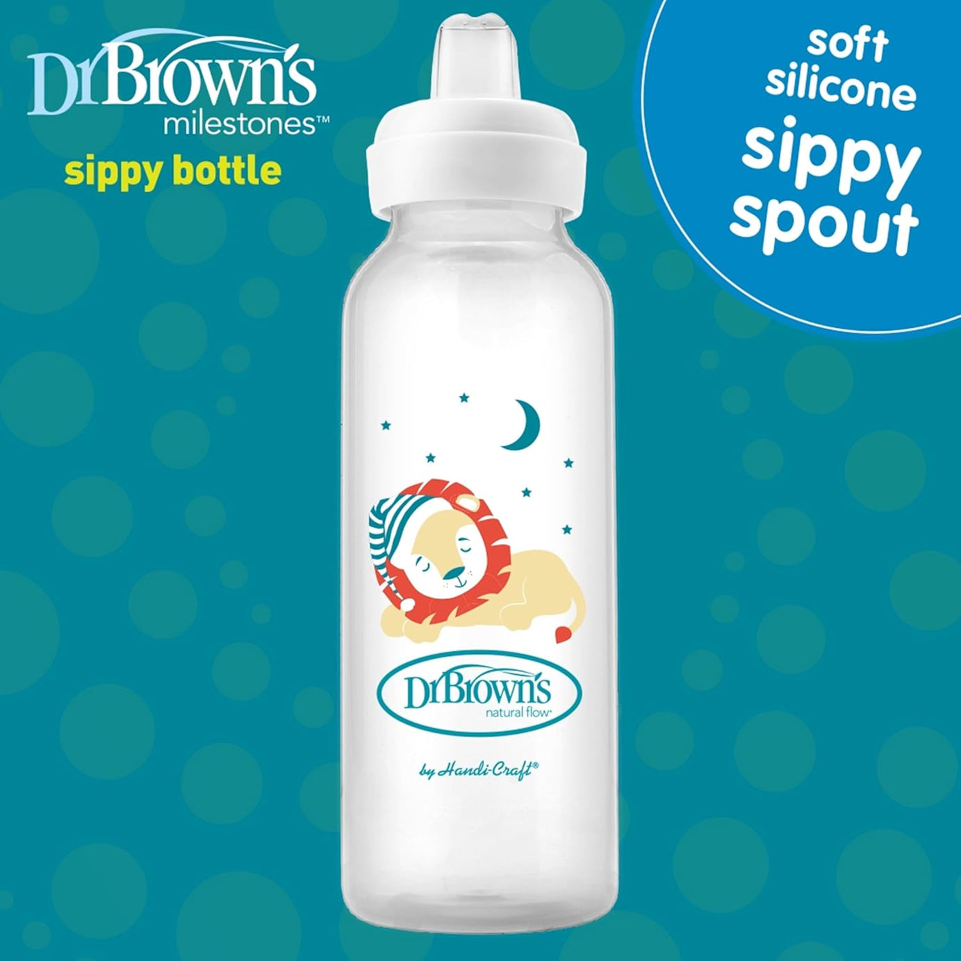 Dr. Brown's Milestones Narrow Sippy Bottle with Soft Silicone Spout - 250mL Lion Design - 6m+