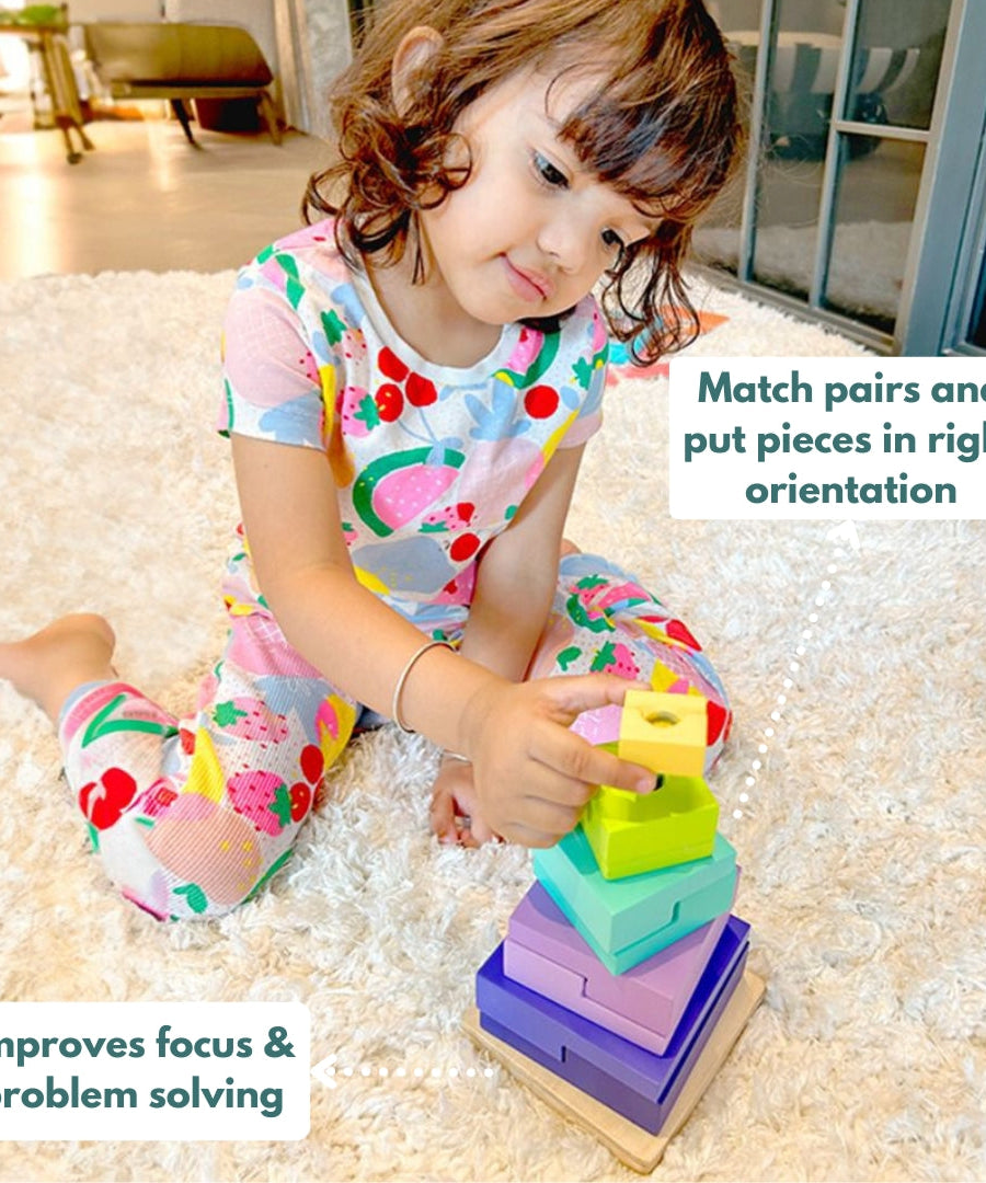Curious Cub Wooden Logical Stacker, Montessori-Inspired 3D Puzzle for Ages 2.5+ | Educational Toy to Develop Problem-Solving, Logical Thinking, and Early STEM Skills - MINIMEE KIDS