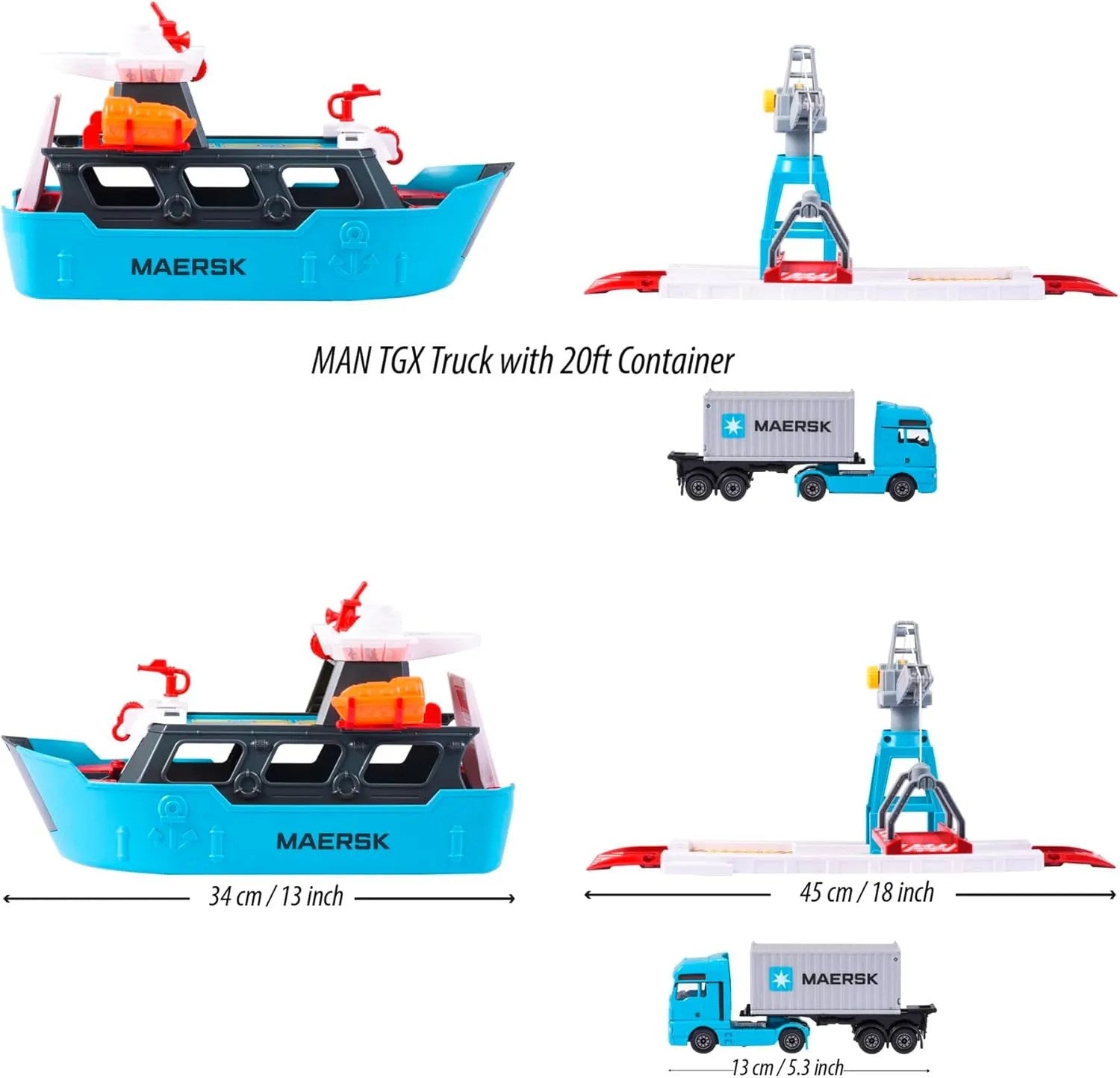 Majorette Logistic Freight Ship – Maersk Themed Container Loading Playset with Crane & Truck | 5 Years+ | Port Terminal Pretend Play for Kids