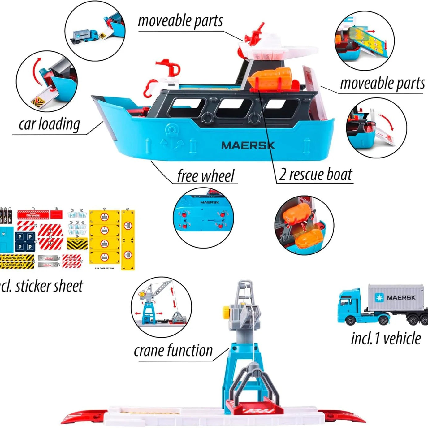 Majorette Logistic Freight Ship – Maersk Themed Container Loading Playset with Crane & Truck | 5 Years+ | Port Terminal Pretend Play for Kids