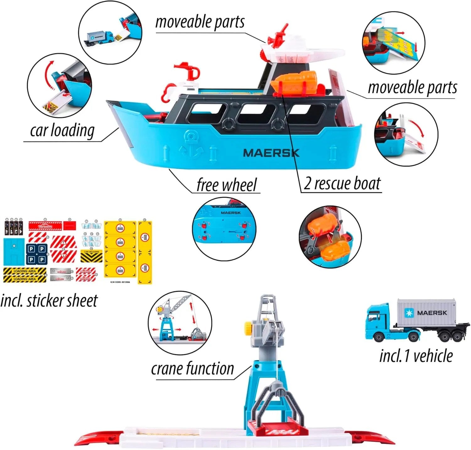 Majorette Logistic Freight Ship – Maersk Themed Container Loading Playset with Crane & Truck | 5 Years+ | Port Terminal Pretend Play for Kids
