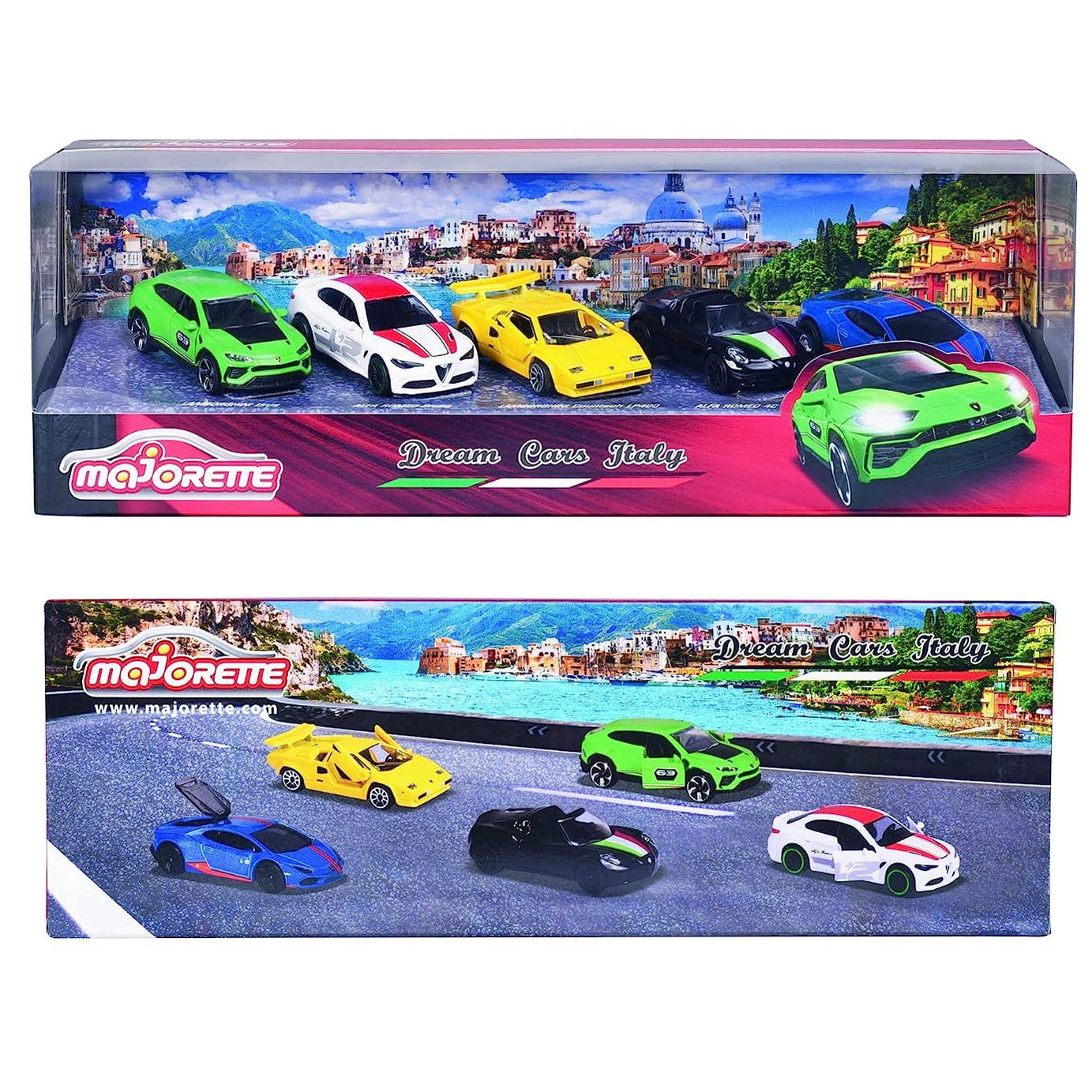 Majorette Dream Cars Italy - 5-Piece Die-Cast Car Gift Set | Includes Alfa Romeo 4C Spider, Lamborghini Countach LP 400, Lamborghini Huracán Avio, Lamborghini Urus & Alfa Romeo Giulia | Italian Toy Cars for Kids & Collectors