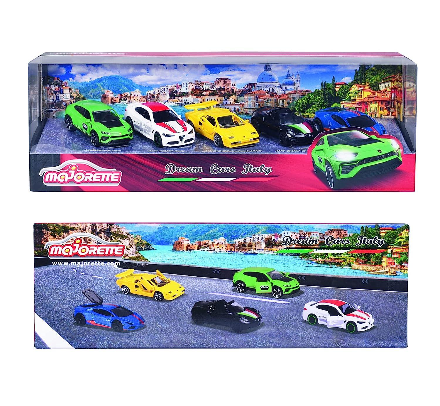 Majorette Dream Cars Italy - 5-Piece Die-Cast Car Gift Set | Includes Alfa Romeo 4C Spider, Lamborghini Countach LP 400, Lamborghini Huracán Avio, Lamborghini Urus & Alfa Romeo Giulia | Italian Toy Cars for Kids & Collectors