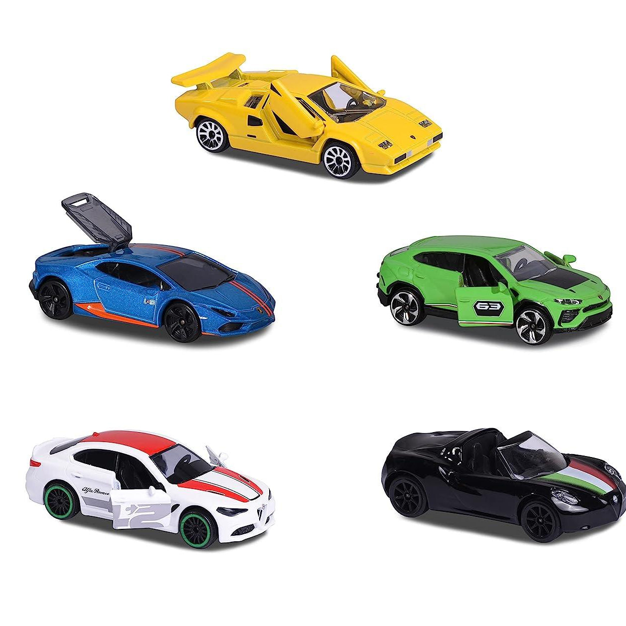 Majorette Dream Cars Italy - 5-Piece Die-Cast Car Gift Set | Includes Alfa Romeo 4C Spider, Lamborghini Countach LP 400, Lamborghini Huracán Avio, Lamborghini Urus & Alfa Romeo Giulia | Italian Toy Cars for Kids & Collectors