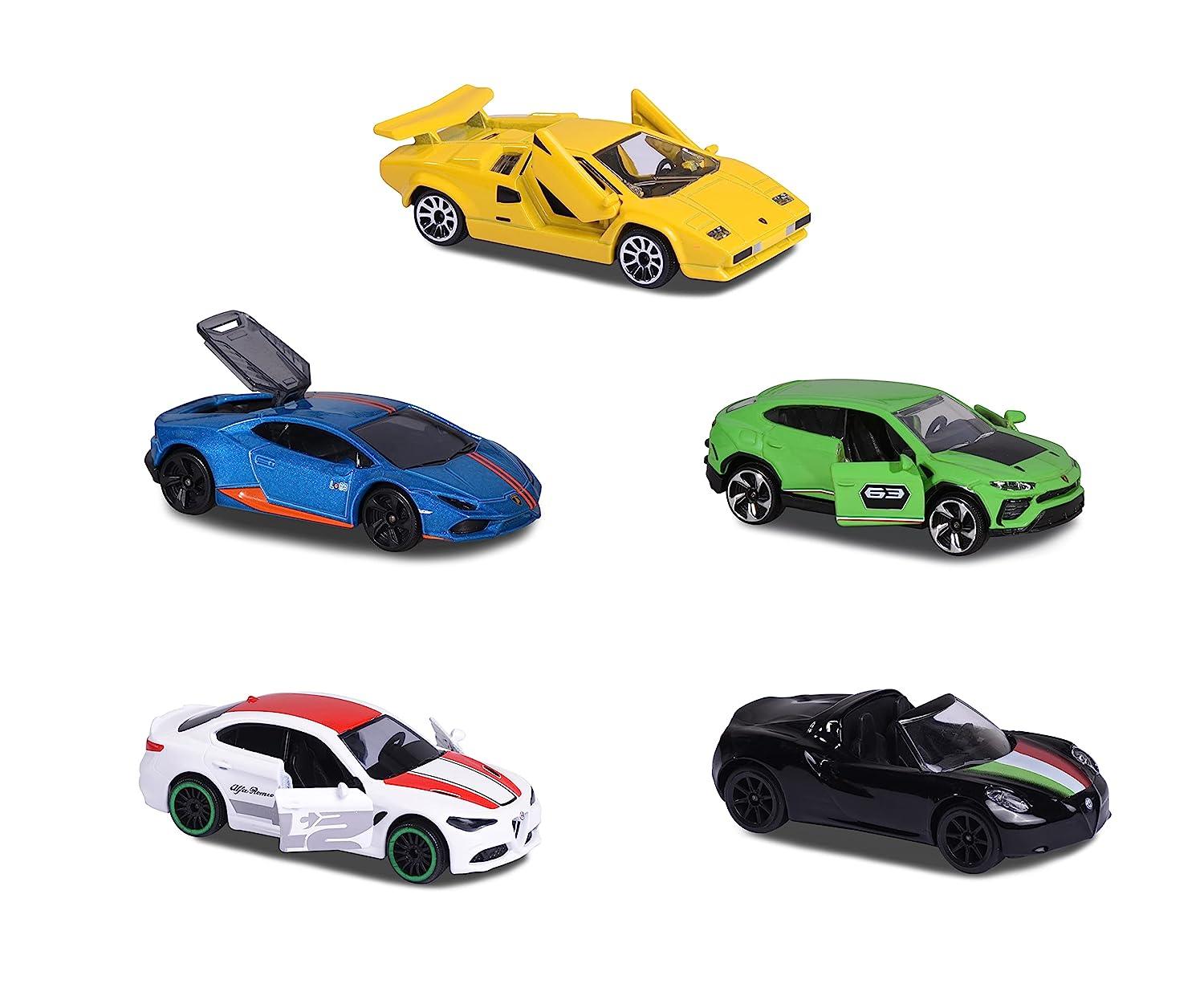 Majorette Dream Cars Italy - 5-Piece Die-Cast Car Gift Set | Includes Alfa Romeo 4C Spider, Lamborghini Countach LP 400, Lamborghini Huracán Avio, Lamborghini Urus & Alfa Romeo Giulia | Italian Toy Cars for Kids & Collectors