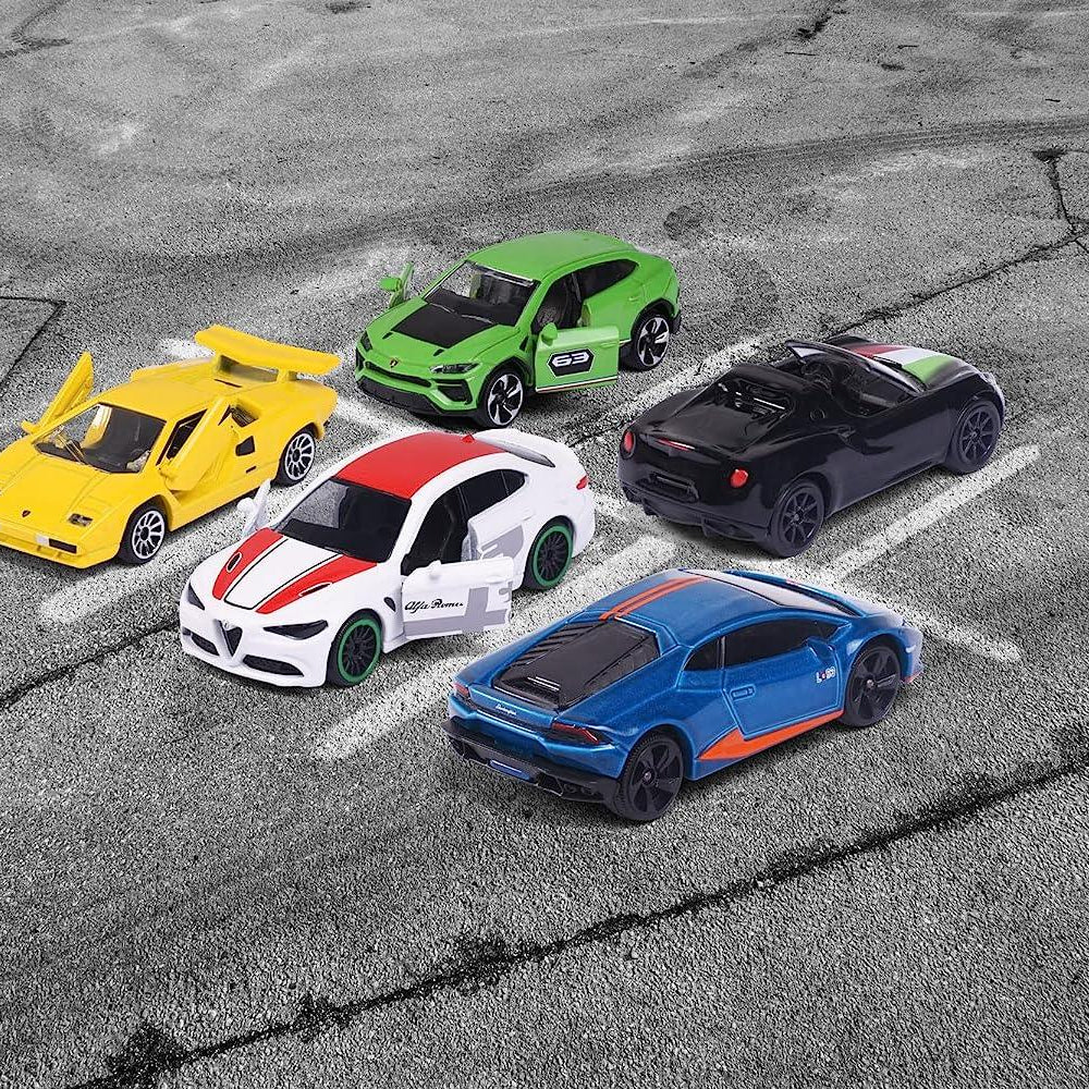 Majorette Dream Cars Italy - 5-Piece Die-Cast Car Gift Set | Includes Alfa Romeo 4C Spider, Lamborghini Countach LP 400, Lamborghini Huracán Avio, Lamborghini Urus & Alfa Romeo Giulia | Italian Toy Cars for Kids & Collectors
