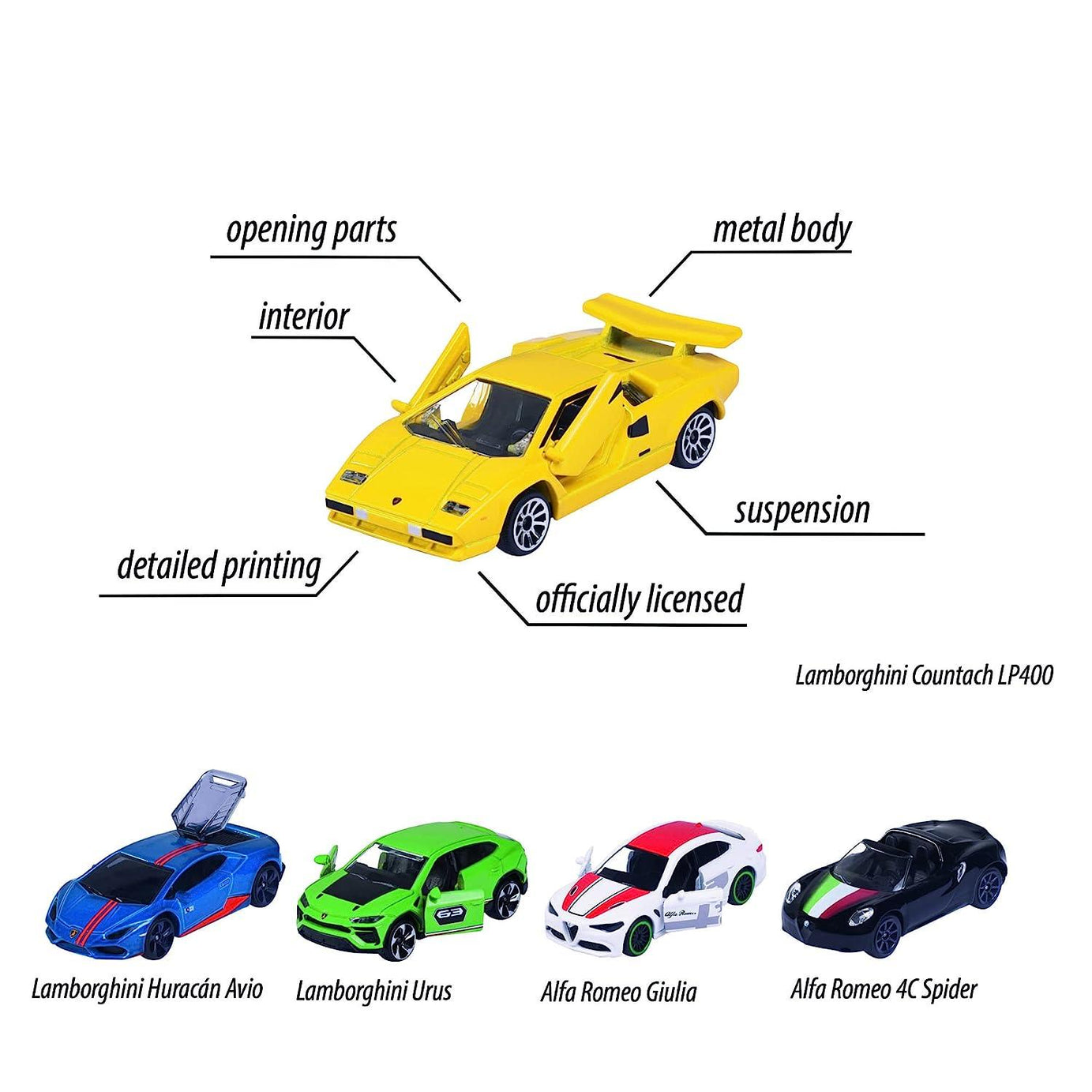 Majorette Dream Cars Italy - 5-Piece Die-Cast Car Gift Set | Includes Alfa Romeo 4C Spider, Lamborghini Countach LP 400, Lamborghini Huracán Avio, Lamborghini Urus & Alfa Romeo Giulia | Italian Toy Cars for Kids & Collectors