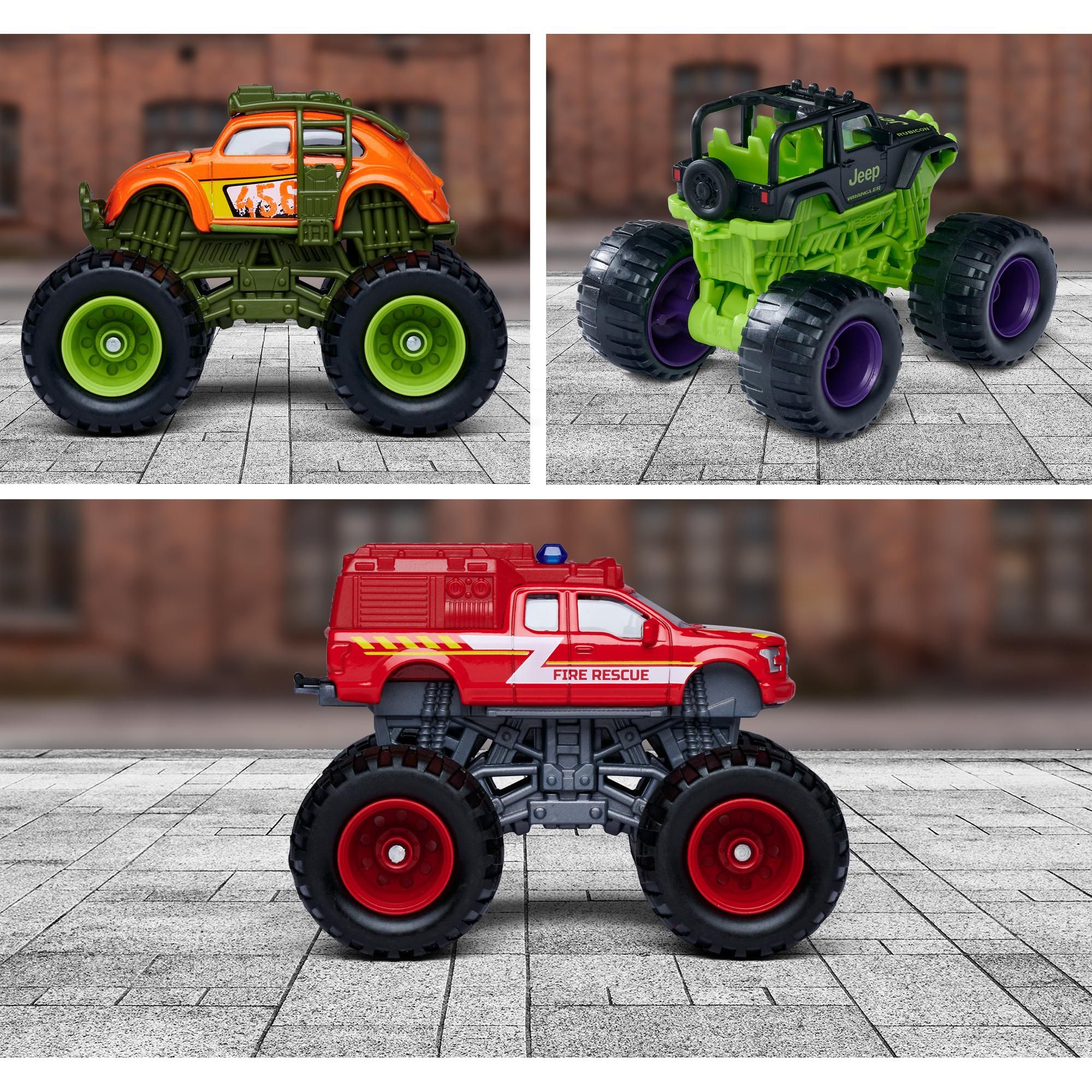 Majorette Monster Rockerz Series Die-Cast Monster Truck - 1 Randomly Selected Model | Includes VW T1, VW Beetle, Ford F-150 Raptor, Ford F-150 Raptor Fire Rescue, Jeep Wrangler Police, Jeep Wrangler Rubicon | Suspension, Steering, Rubber Tires - 3+ Years
