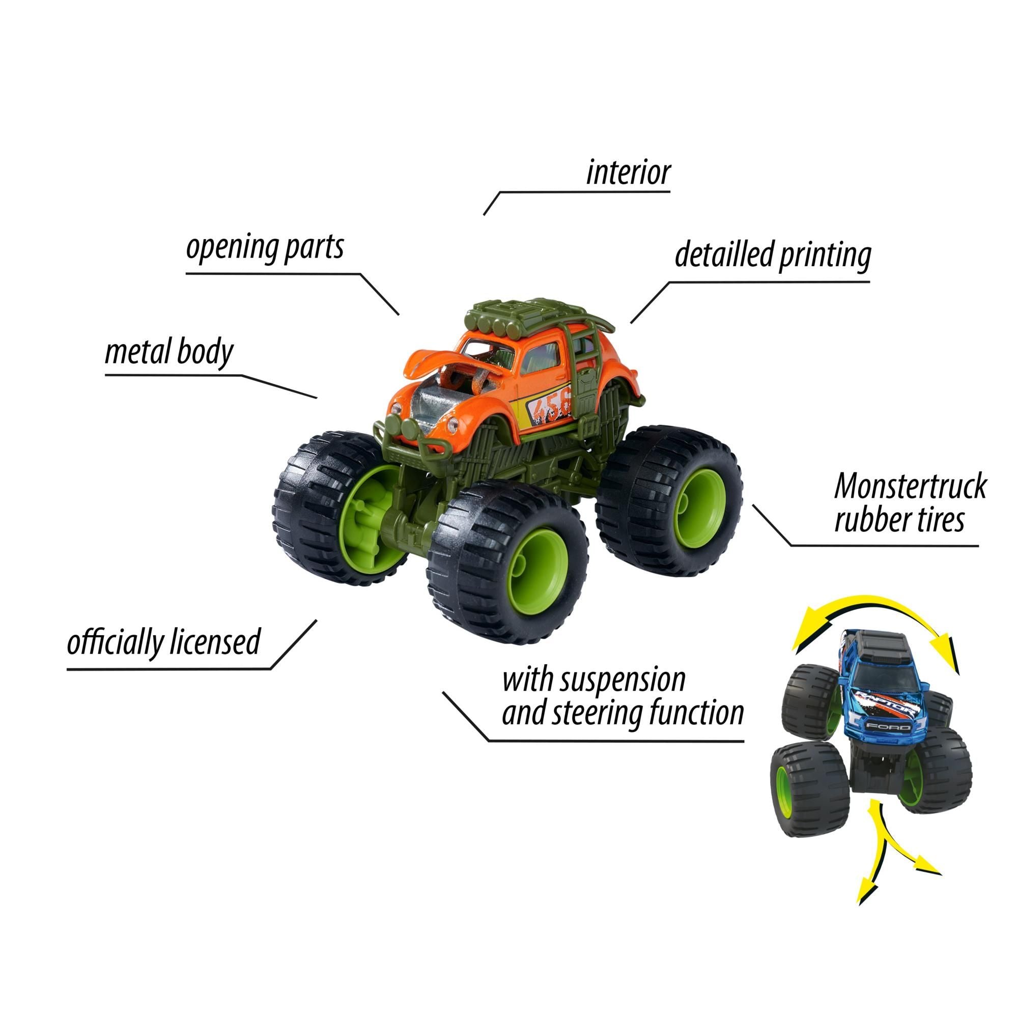 Majorette Monster Rockerz Series Die-Cast Monster Truck - 1 Randomly Selected Model | Includes VW T1, VW Beetle, Ford F-150 Raptor, Ford F-150 Raptor Fire Rescue, Jeep Wrangler Police, Jeep Wrangler Rubicon | Suspension, Steering, Rubber Tires - 3+ Years