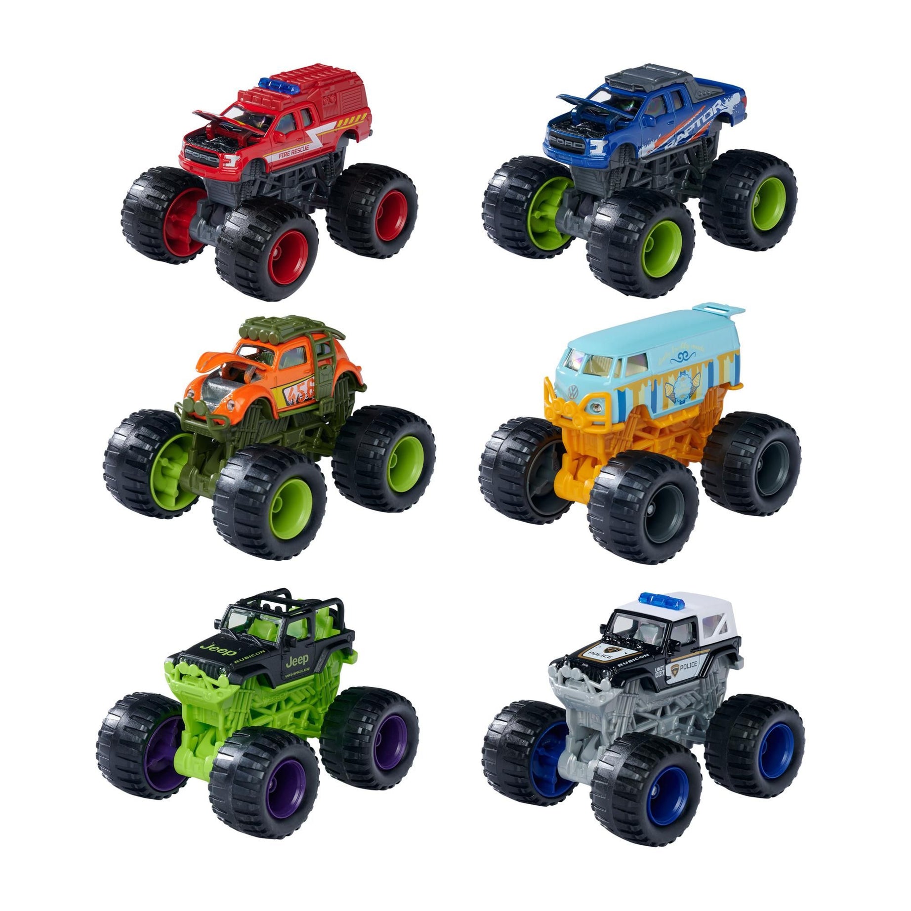 Majorette Monster Rockerz Series Die-Cast Monster Truck - 1 Randomly Selected Model | Includes VW T1, VW Beetle, Ford F-150 Raptor, Ford F-150 Raptor Fire Rescue, Jeep Wrangler Police, Jeep Wrangler Rubicon | Suspension, Steering, Rubber Tires - 3+ Years
