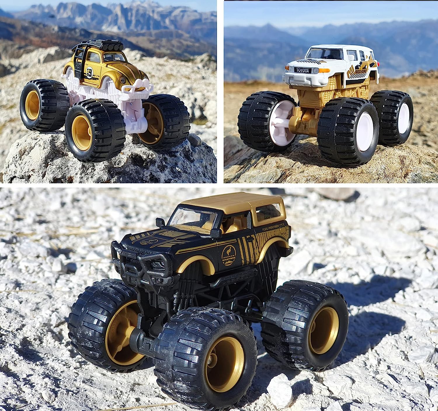 Majorette Monster Rockerz Series 9 – Ford Bronco Wildtrak, Toyota FJ Cruiser & Volkswagen Beetle Monster Trucks | Die-Cast Metal Body | 1:64 Scale Off-Road Vehicles with Suspension & Steering Function | Officially Licensed | Randomly Given Any 1 only
