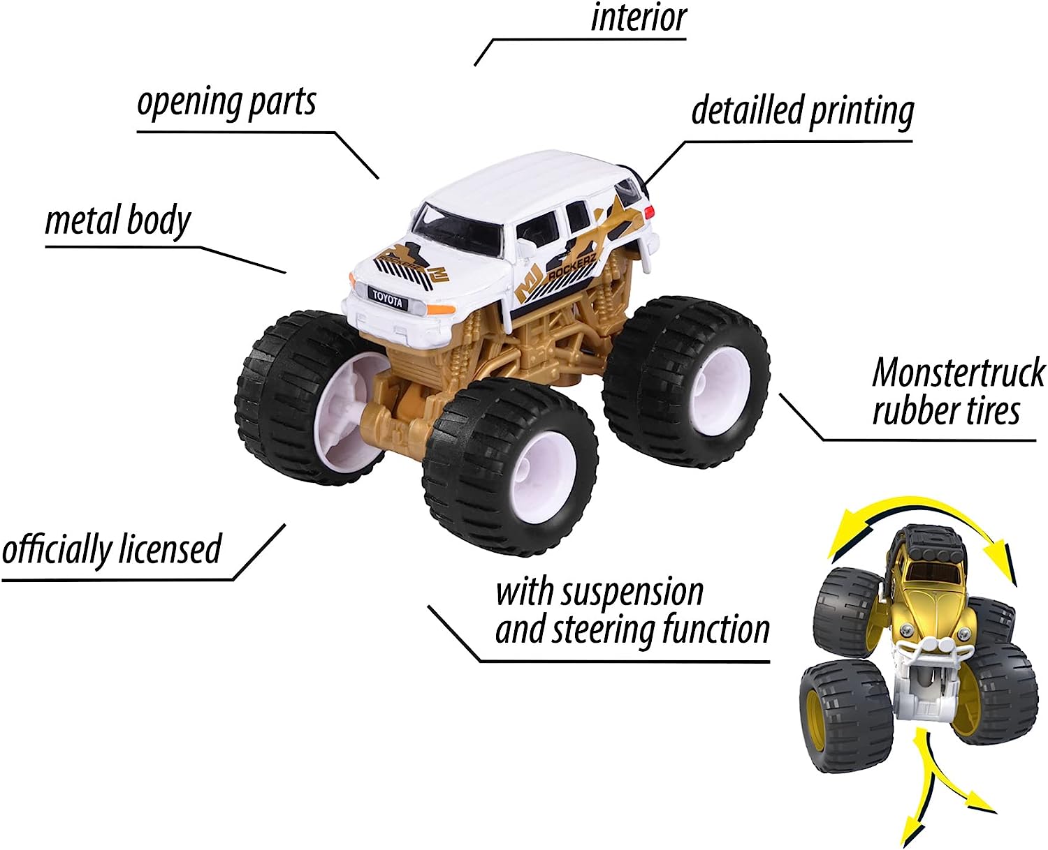 Majorette Monster Rockerz Series 9 – Ford Bronco Wildtrak, Toyota FJ Cruiser & Volkswagen Beetle Monster Trucks | Die-Cast Metal Body | 1:64 Scale Off-Road Vehicles with Suspension & Steering Function | Officially Licensed | Randomly Given Any 1 only