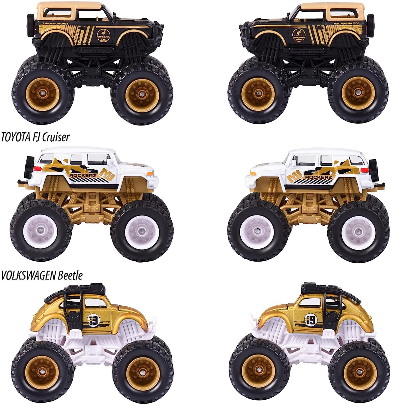 Majorette Monster Rockerz Series 9 – Ford Bronco Wildtrak, Toyota FJ Cruiser & Volkswagen Beetle Monster Trucks | Die-Cast Metal Body | 1:64 Scale Off-Road Vehicles with Suspension & Steering Function | Officially Licensed | Randomly Given Any 1 only