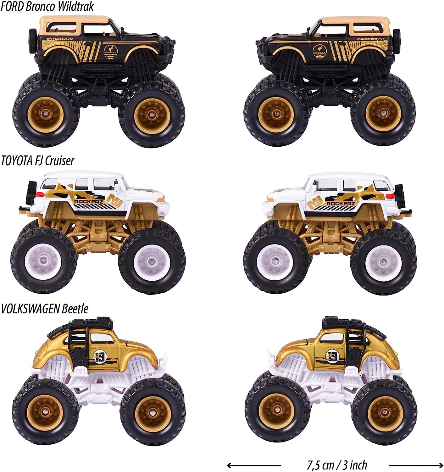 Majorette Monster Rockerz Series 9 – Ford Bronco Wildtrak, Toyota FJ Cruiser & Volkswagen Beetle Monster Trucks | Die-Cast Metal Body | 1:64 Scale Off-Road Vehicles with Suspension & Steering Function | Officially Licensed | Randomly Given Any 1 only