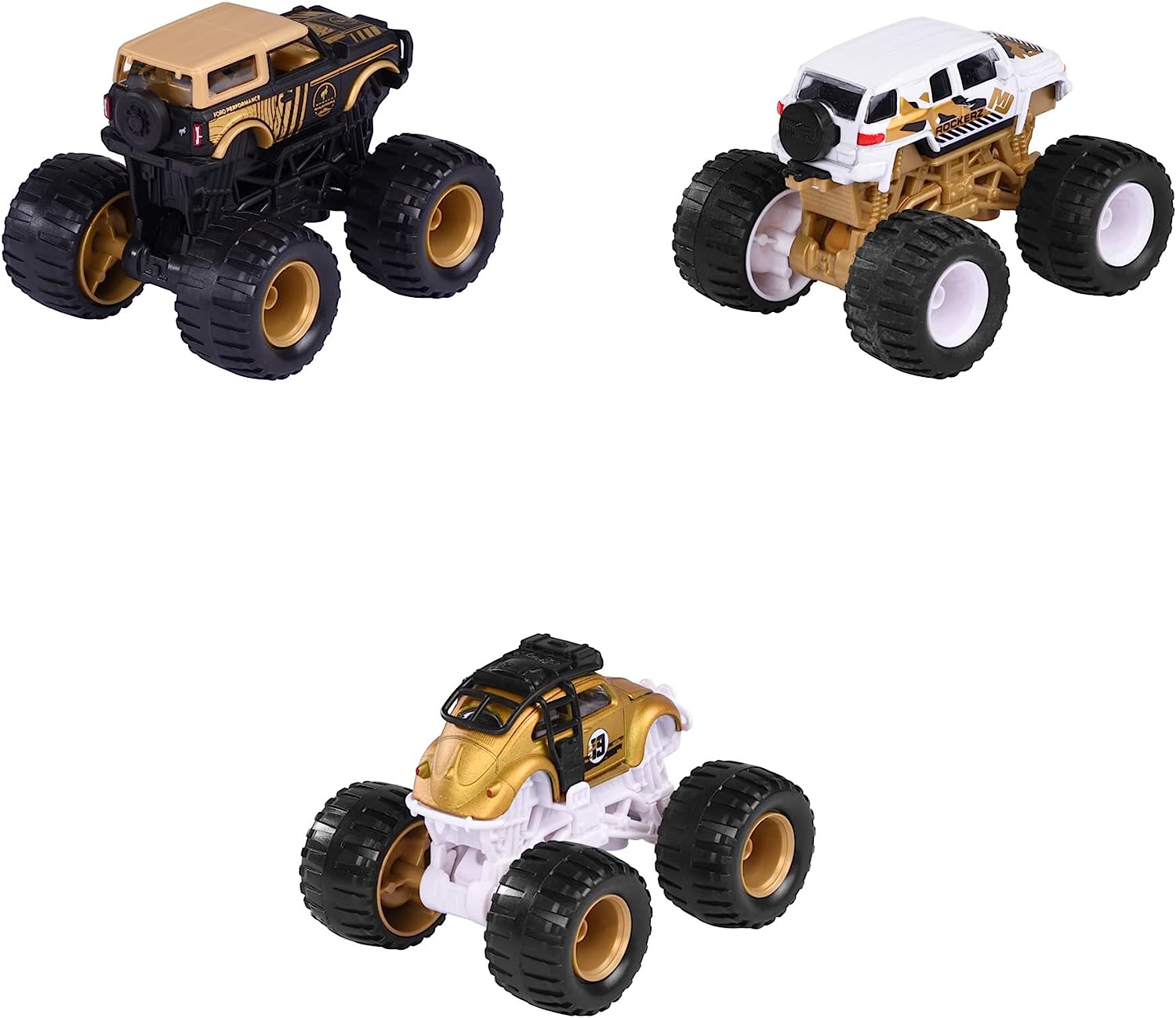 Majorette Monster Rockerz Series 9 – Ford Bronco Wildtrak, Toyota FJ Cruiser & Volkswagen Beetle Monster Trucks | Die-Cast Metal Body | 1:64 Scale Off-Road Vehicles with Suspension & Steering Function | Officially Licensed | Randomly Given Any 1 only