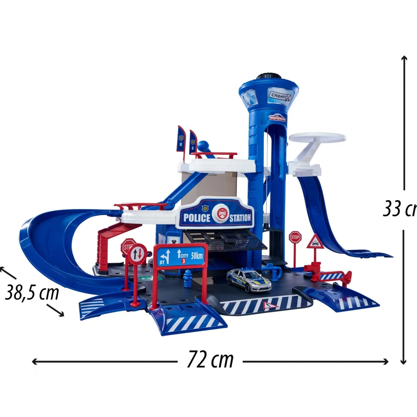 Majorette Creatix Police Station – 3-Story Police Set with Porsche Panamera Police Car, Toy Police Station for Kids Ages 5+ with Manual Lift, Helicopter Pad, Garage, and Access Ramps