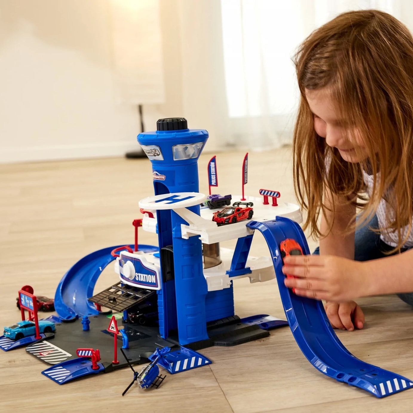 Majorette Creatix Police Station – 3-Story Police Set with Porsche Panamera Police Car, Toy Police Station for Kids Ages 5+ with Manual Lift, Helicopter Pad, Garage, and Access Ramps