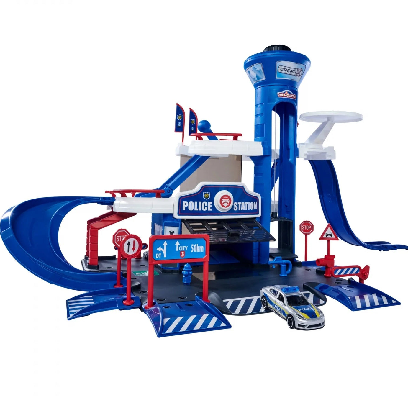 Majorette Creatix Police Station – 3-Story Police Set with Porsche Panamera Police Car, Toy Police Station for Kids Ages 5+ with Manual Lift, Helicopter Pad, Garage, and Access Ramps