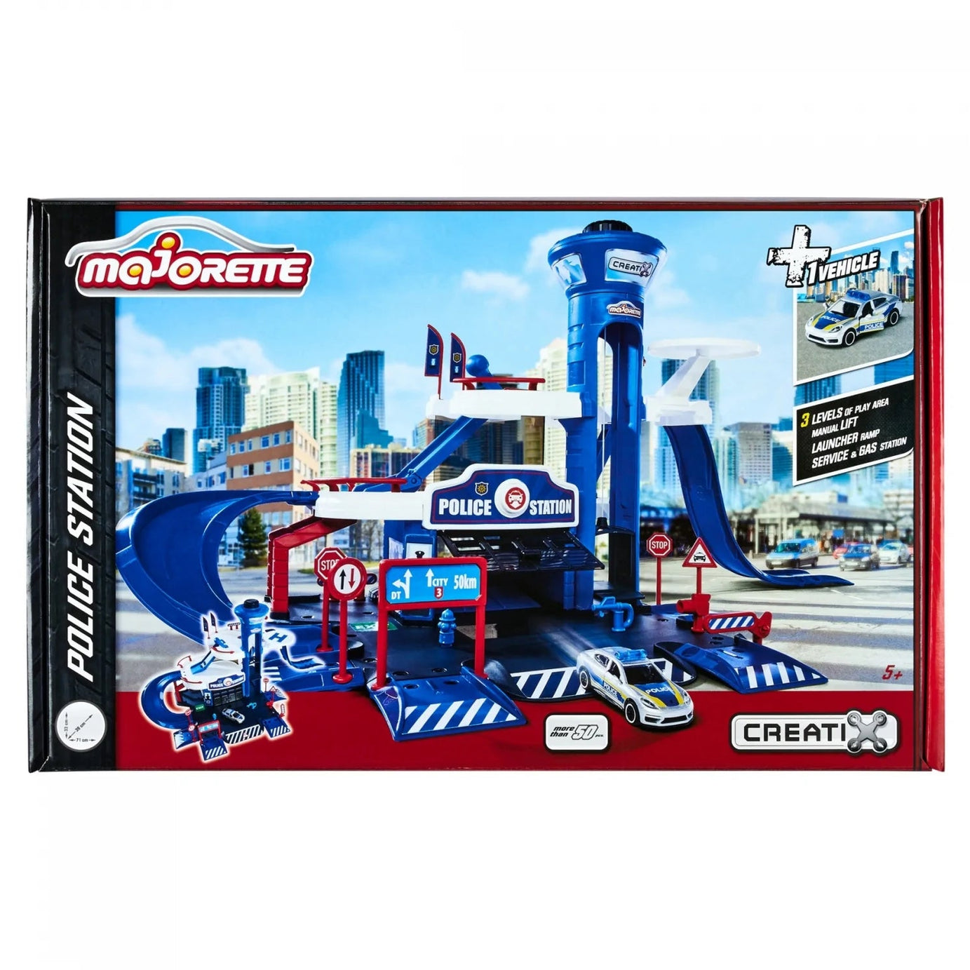 Majorette Creatix Police Station – 3-Story Police Set with Porsche Panamera Police Car, Toy Police Station for Kids Ages 5+ with Manual Lift, Helicopter Pad, Garage, and Access Ramps