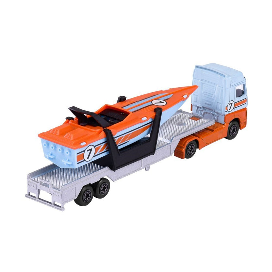 Majorette Transporter Series – Mercedes-Benz Actros & MAN TGX XXL Die-Cast Truck with Speedboat, Police Helicopter, Spacefleet, Tractor, Aeroplane & More | 3+ Years