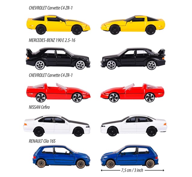 Majorette Youngsters 90’s 5-Piece Giftpack – Die-Cast Toy Cars Set | Includes Chevrolet Corvette C4 ZR-1, Mercedes-Benz 190 E, Nissan Cefiro & Renault Clio 16S – 1:64 Scale Metal Cars with Opening Parts – 3+ Years
