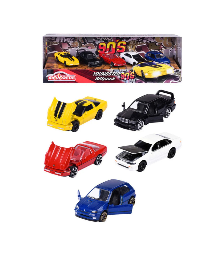 Majorette Youngsters 90’s 5-Piece Giftpack – Die-Cast Toy Cars Set | Includes Chevrolet Corvette C4 ZR-1, Mercedes-Benz 190 E, Nissan Cefiro & Renault Clio 16S – 1:64 Scale Metal Cars with Opening Parts – 3+ Years