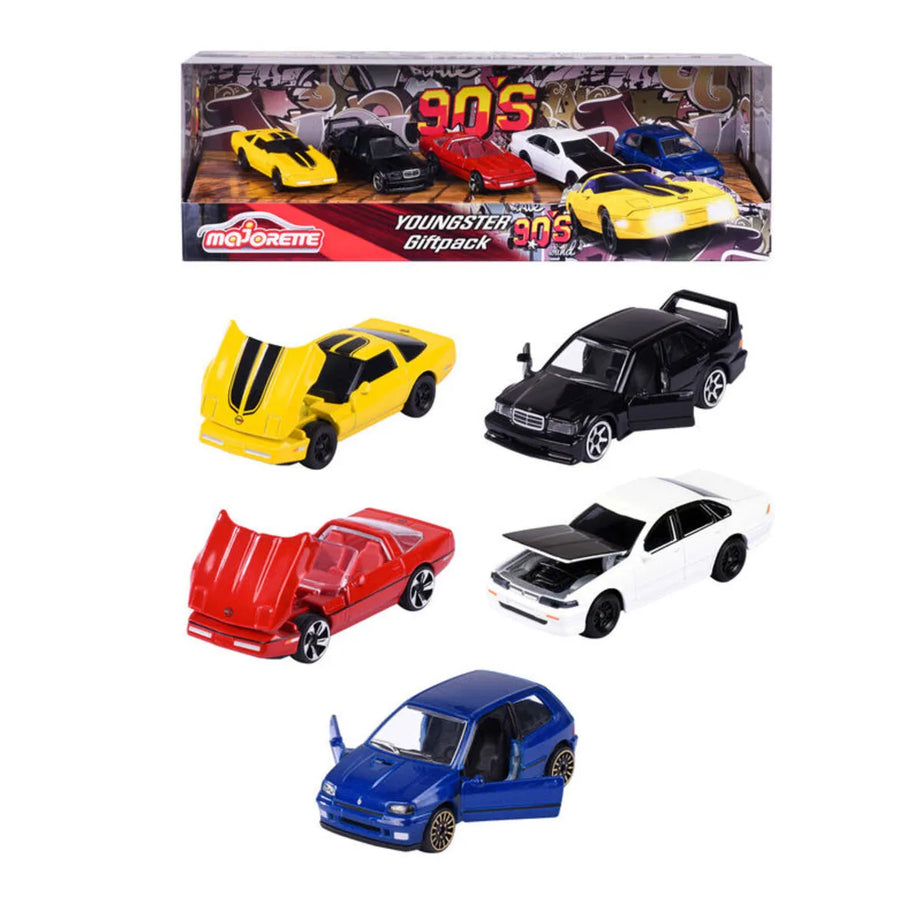 Majorette Youngsters 90’s 5-Piece Giftpack – Die-Cast Toy Cars Set | Includes Chevrolet Corvette C4 ZR-1, Mercedes-Benz 190 E, Nissan Cefiro & Renault Clio 16S – 1:64 Scale Metal Cars with Opening Parts – 3+ Years