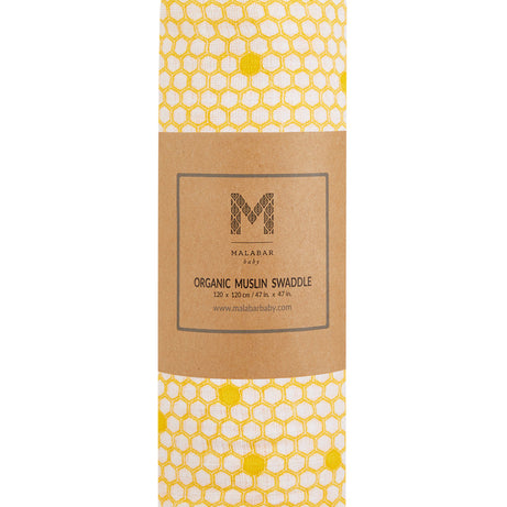 Malabar Baby Organic Muslin Swaddle - Hive Print | GOTS Certified Lightweight Cotton | 47" x 47" | Nature-Inspired Honeycomb Design for Newborns & Infants