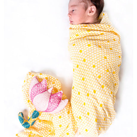 Malabar Baby Organic Muslin Swaddle - Hive Print | GOTS Certified Lightweight Cotton | 47" x 47" | Nature-Inspired Honeycomb Design for Newborns & Infants