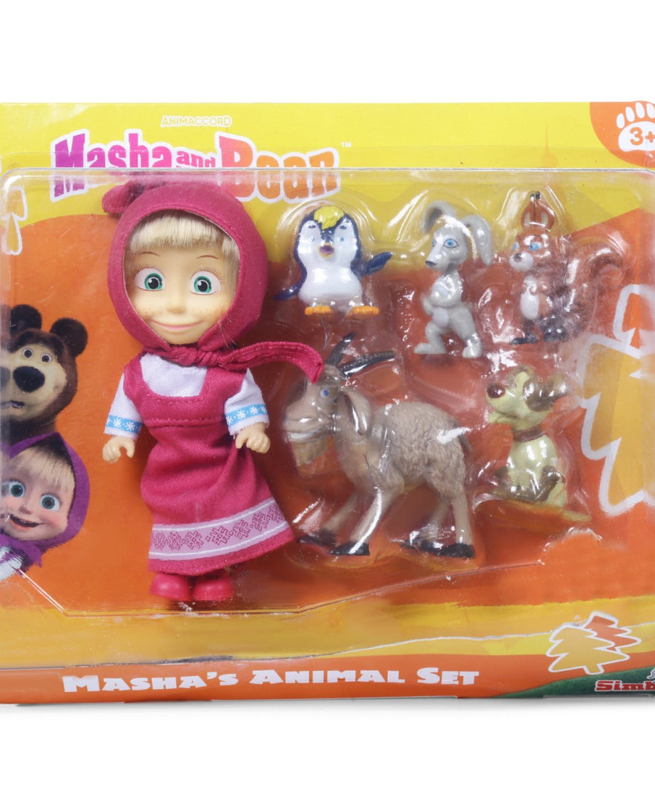Simba Masha and Her Animal Friends Toy Set – Includes Masha with Rabbit, Squirrel, Penguin, Dog & Goat | Multicolor Play Figures for Kids 3 Years+ | Imaginative Roleplay Toy Gift Set