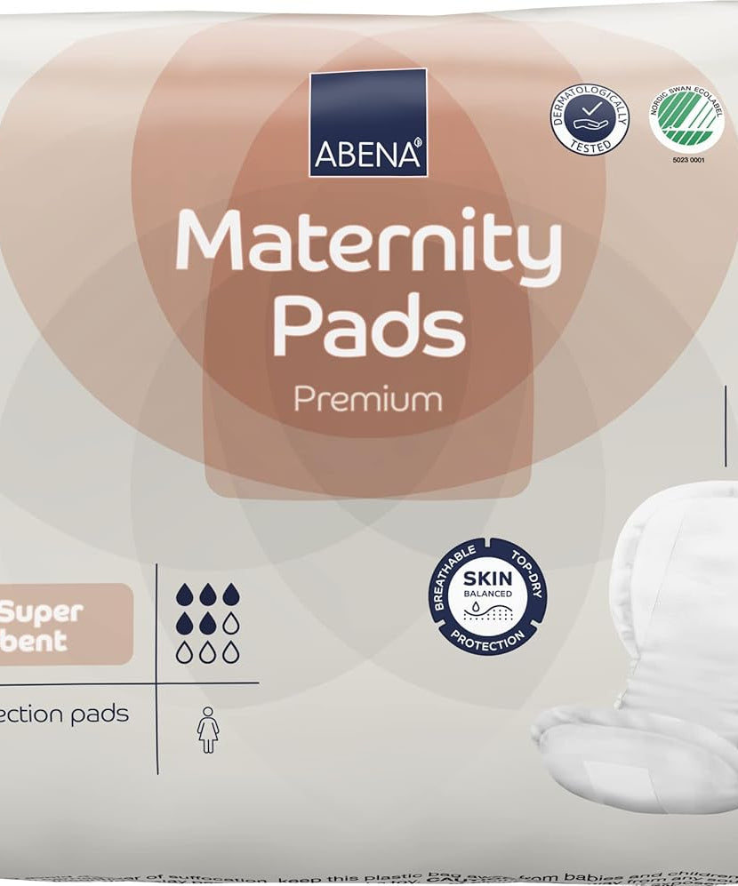 Abena Premium Maternity Pads package featuring super absorbent postpartum essentials for women