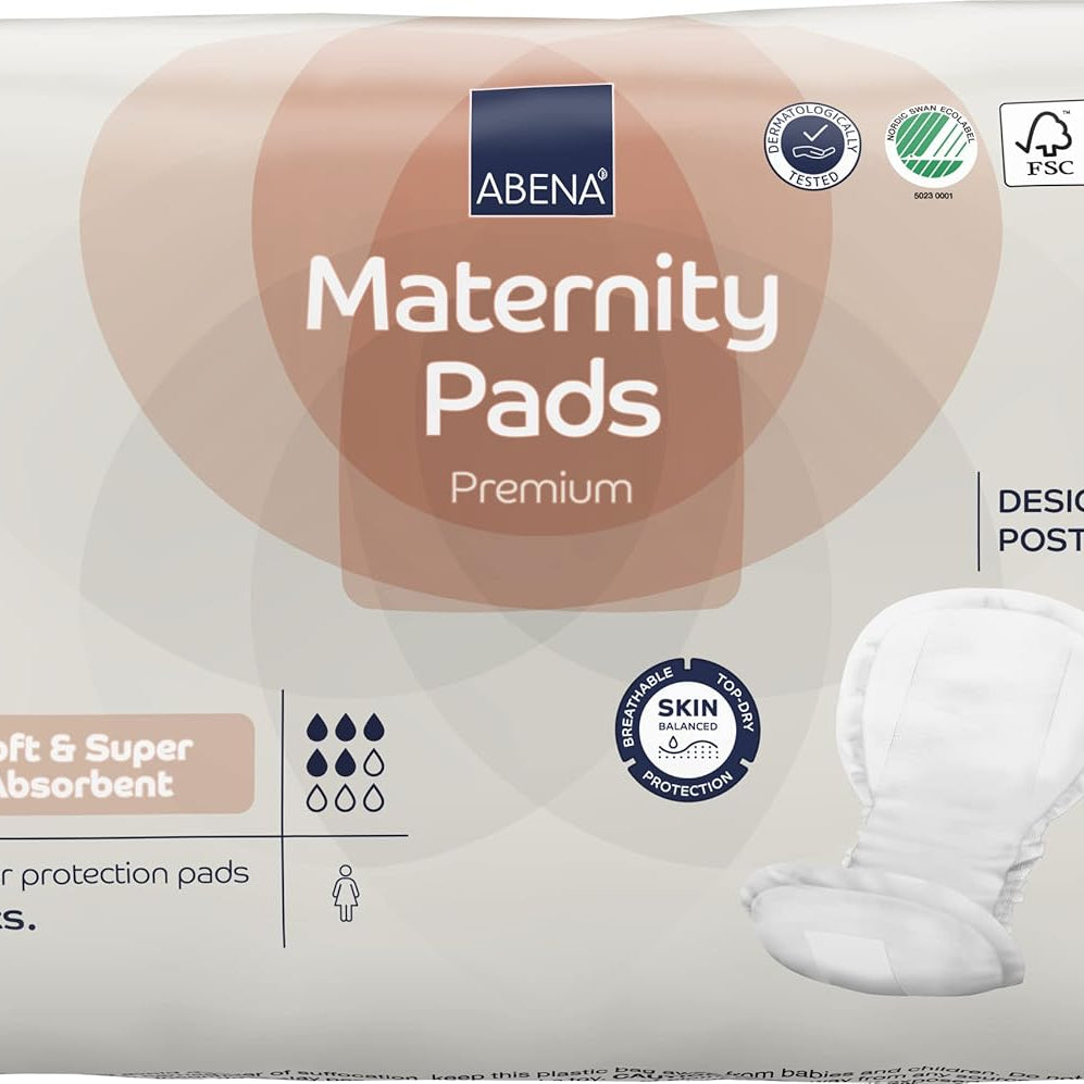 Abena Premium Maternity Pads package featuring super absorbent postpartum essentials for women