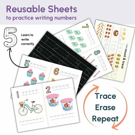 Curious Cub Math Busy Book for Toddlers 2–5 Years | Reusable Montessori-Inspired Learning Book with 6 Velcro Activities, Chalk Page & 10 Wipe-Clean Sheets | Early Math Skills, Travel-Friendly, Screen-Free Fun