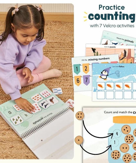 Curious Cub Math Busy Book for Toddlers 2–5 Years | Reusable Montessori-Inspired Learning Book with 6 Velcro Activities, Chalk Page & 10 Wipe-Clean Sheets | Early Math Skills, Travel-Friendly, Screen-Free Fun - MINIMEE KIDS