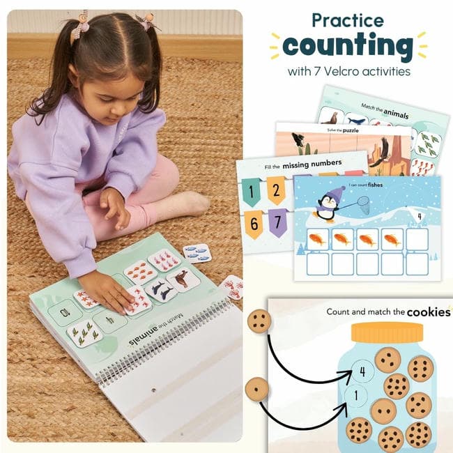 Curious Cub Math Busy Book for Toddlers 2–5 Years | Reusable Montessori-Inspired Learning Book with 6 Velcro Activities, Chalk Page & 10 Wipe-Clean Sheets | Early Math Skills, Travel-Friendly, Screen-Free Fun