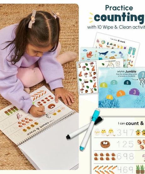 Curious Cub Math Busy Book for Toddlers 2–5 Years | Reusable Montessori-Inspired Learning Book with 6 Velcro Activities, Chalk Page & 10 Wipe-Clean Sheets | Early Math Skills, Travel-Friendly, Screen-Free Fun - MINIMEE KIDS