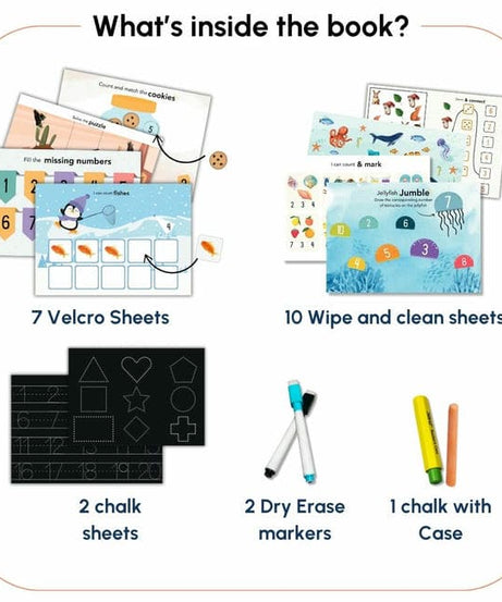 Curious Cub Math Busy Book for Toddlers 2–5 Years | Reusable Montessori-Inspired Learning Book with 6 Velcro Activities, Chalk Page & 10 Wipe-Clean Sheets | Early Math Skills, Travel-Friendly, Screen-Free Fun - MINIMEE KIDS