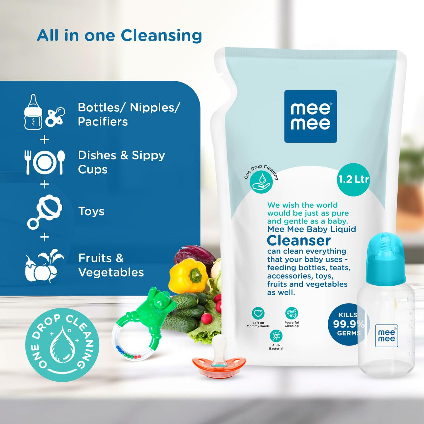 Mee Mee Anti-Bacterial Baby Liquid Cleanser for Liquid vessel nipple cleaning milk bottle clothes Refill Pack - 1.2 Litre