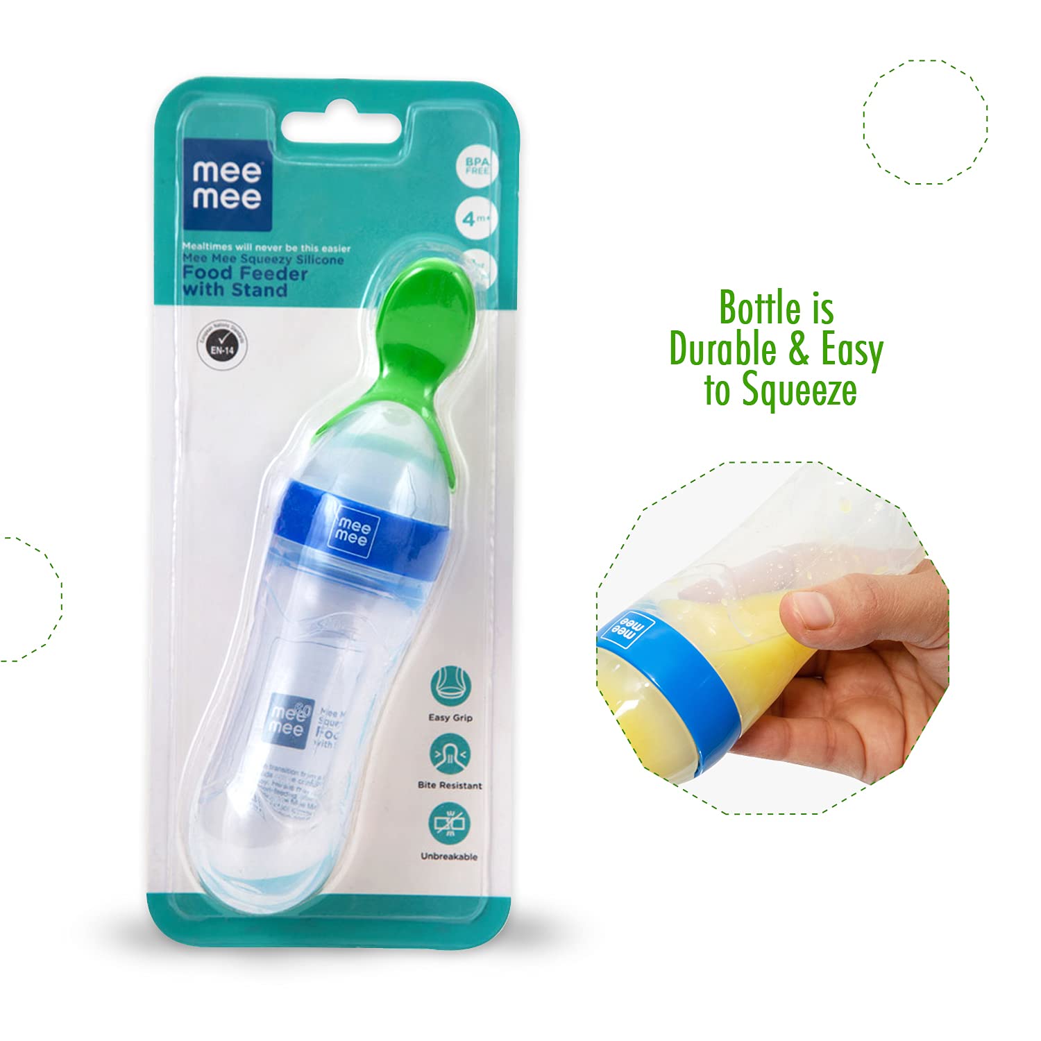 Mee Mee Squeezy Silicone Food Feeder with Stand for Babies 4+ Months | 90ml | Easy Grip & Bite Resistant (Color May Vary)