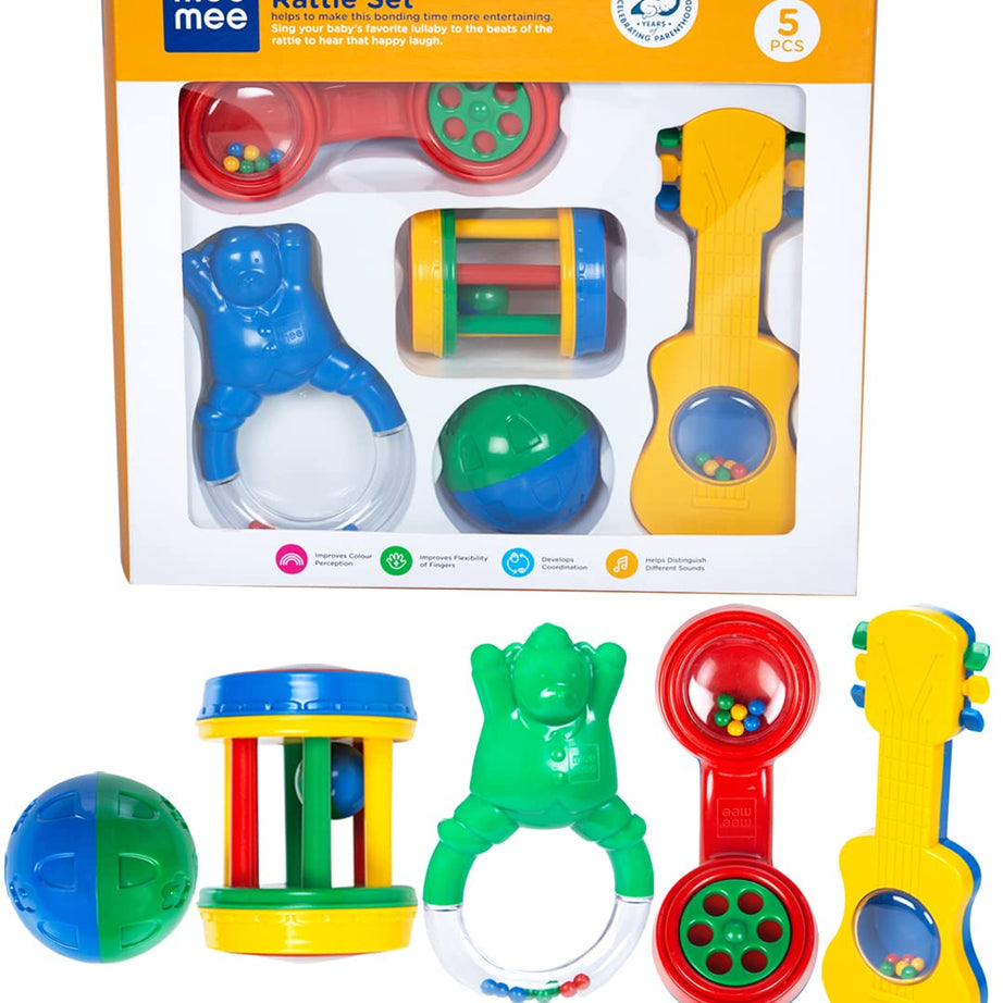 Mee Mee Baby Rattle Gift Set (7 Pieces) | 100% Safe & Non-Toxic Rattles for Newborns & Infants | BPA-Free Sensory Toys for Early Development & Hand-Eye Coordination | Color & Print may vary