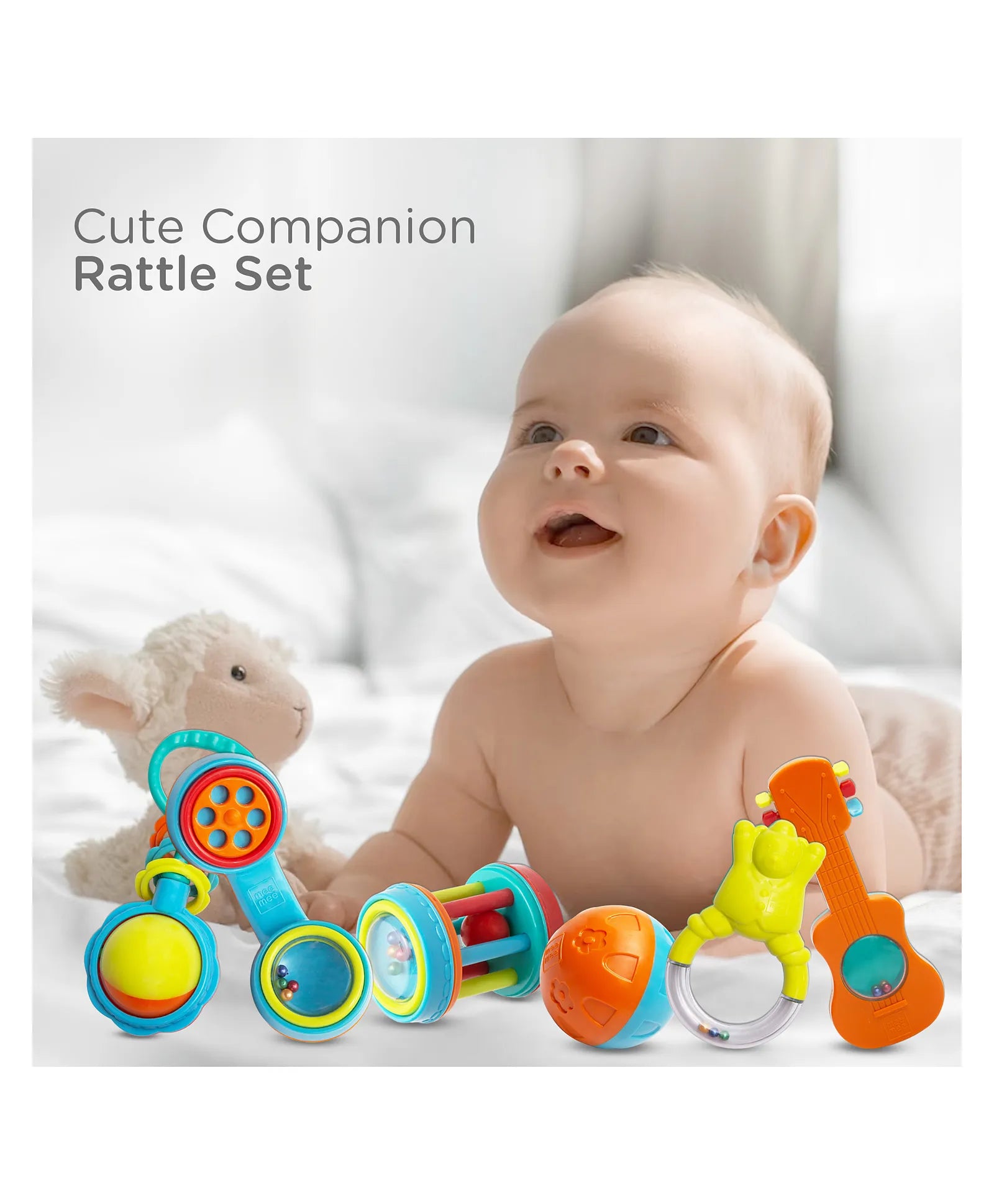 Mee Mee Baby Rattle Gift Set (7 Pieces) | 100% Safe & Non-Toxic Rattles for Newborns & Infants | BPA-Free Sensory Toys for Early Development & Hand-Eye Coordination | Color & Print may vary