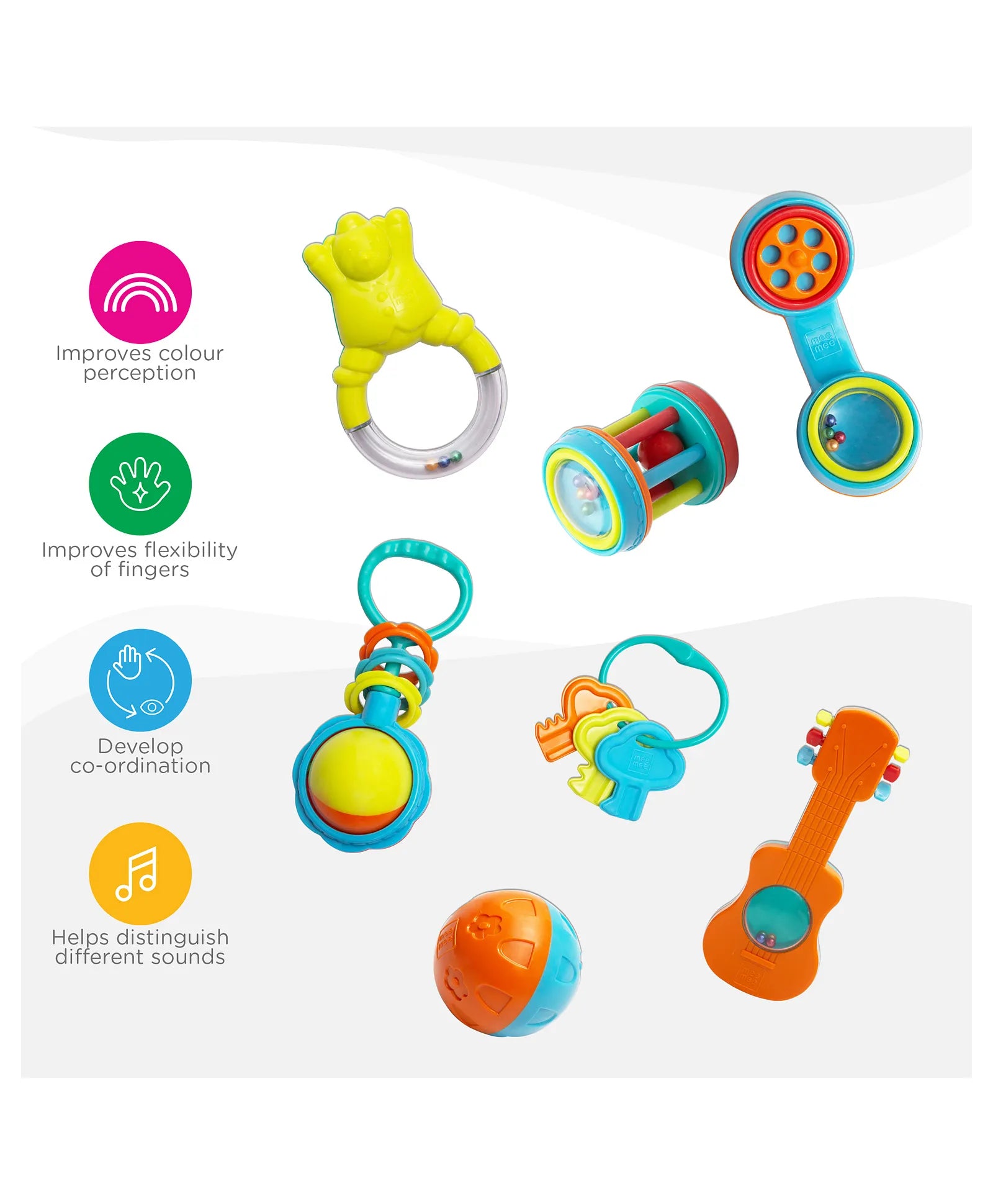 Mee Mee Baby Rattle Gift Set (7 Pieces) | 100% Safe & Non-Toxic Rattles for Newborns & Infants | BPA-Free Sensory Toys for Early Development & Hand-Eye Coordination | Color & Print may vary