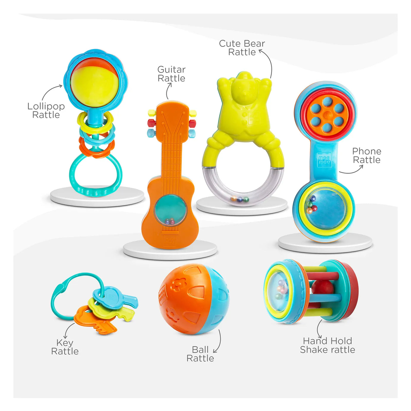 Mee Mee Baby Rattle Gift Set (7 Pieces) | 100% Safe & Non-Toxic Rattles for Newborns & Infants | BPA-Free Sensory Toys for Early Development & Hand-Eye Coordination | Color & Print may vary
