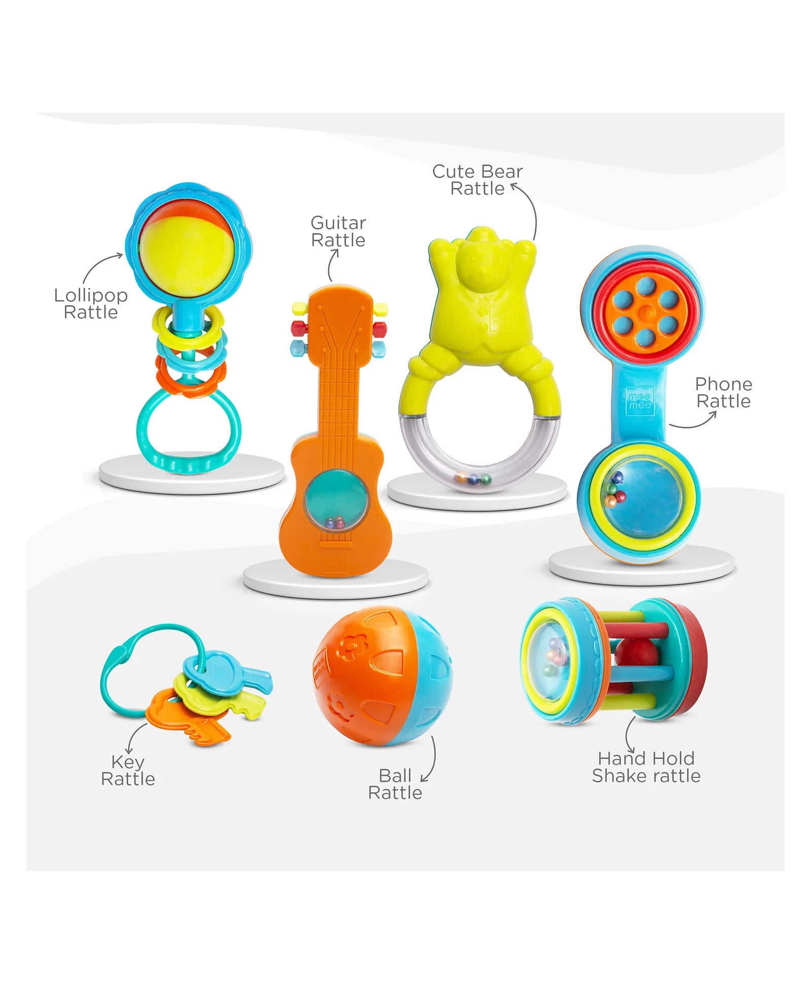 Mee Mee Baby Rattle Gift Set (7 Pieces) | 100% Safe & Non-Toxic Rattles for Newborns & Infants | BPA-Free Sensory Toys for Early Development & Hand-Eye Coordination | Color & Print may vary