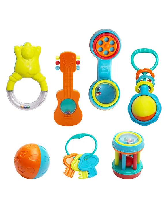 Mee Mee Baby Rattle Gift Set (7 Pieces) | 100% Safe & Non-Toxic Rattles for Newborns & Infants | BPA-Free Sensory Toys for Early Development & Hand-Eye Coordination | Color & Print may vary
