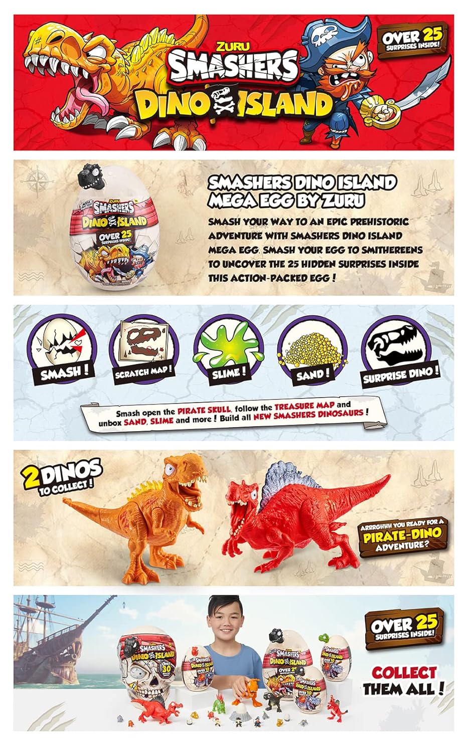 ZURU Smashers Dino Island Mega Dino Egg – 25+ Surprises, Dinosaur Toys for Kids, Includes Slime, Sand & More, Ages 5+